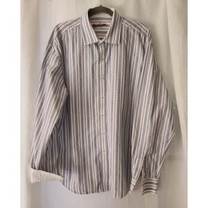Robert Graham Button-Up Shirt Mens 2 XL Blue Red Stripe FlipCuff LS Cotton